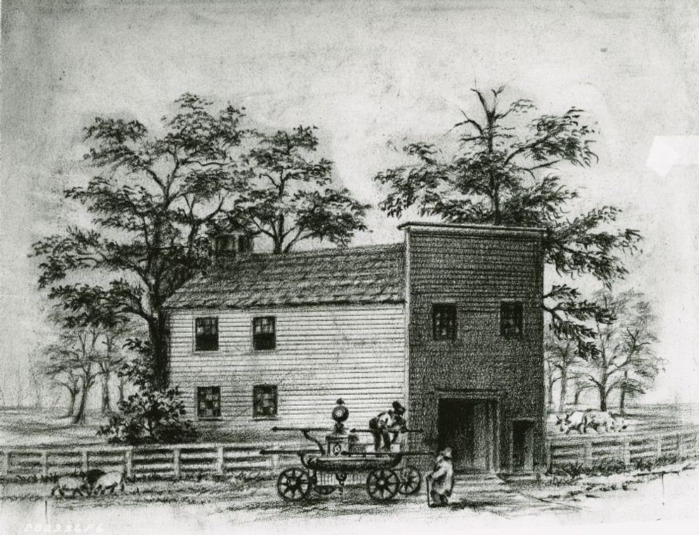 Black and white sketch of a a small two-story building with two people working from a cart parked in front of the building. 