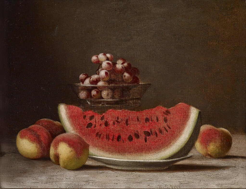 An oil painting of a chunk of watermelon on a plate. Peaches are laying on the table next to it. 