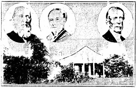 Newspaper clipping showing the portraits of three men imposed over an image of a house. 