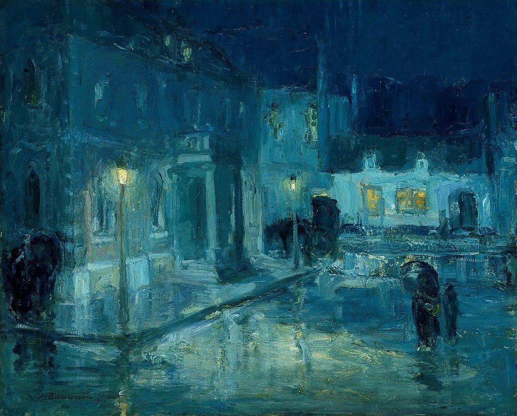 An impressionistic painting of a street scene at night. 