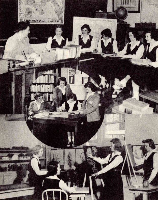 A collage showing three images of teenage girls in classrooms. The top and middle images show several girls seated at tables with books open on the table in front of them. The lower image shows girls in an art studio. They are painting at easels.