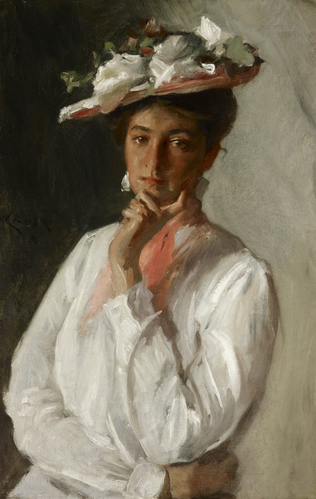 An oil painting of a young woman wearing a hat that is covered in flowers.