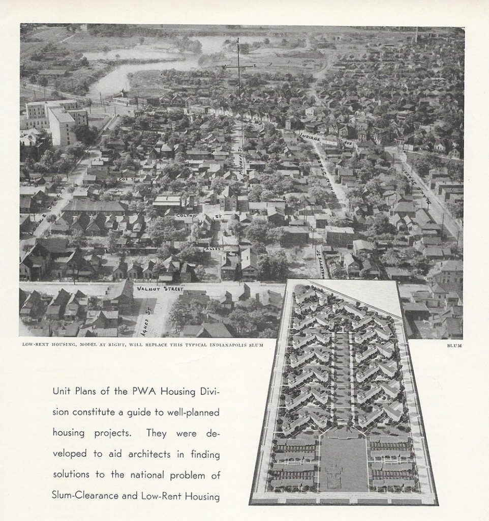 An aerial photograph of the neighborhood that once stood at the site of Lockefield Gardens. A model of the proposed housing development is shown in the bottom right. 