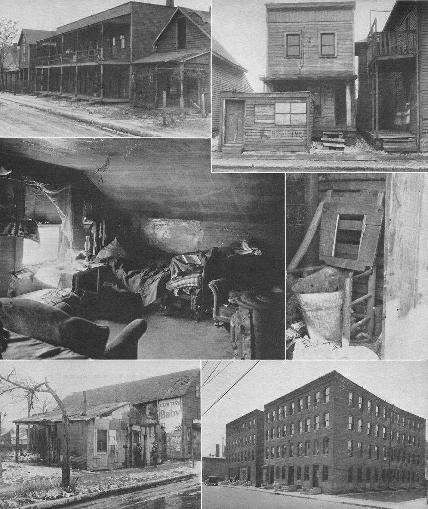 A collage of images showing the exterior and interior spaces of dilapidated houses.