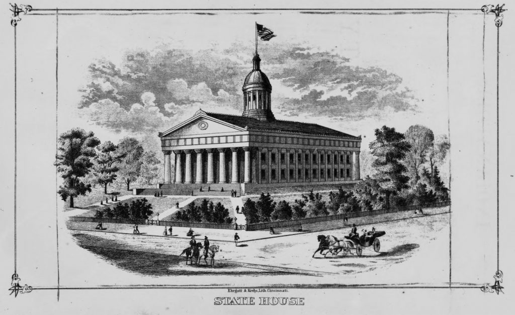 Rendering of government building. It is viewed from the corner with horses and carriages passing by and people wandering the front grounds.
