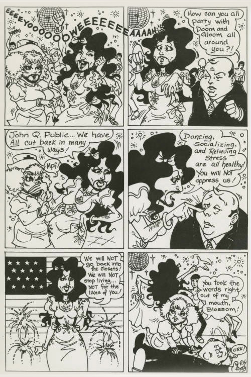 Nurse Safe Sexx and Blossom, drag persona of Bag Lady Founder Coby Palmer, confront “John Q. Public” a fictional character who represented the ignorance of the general American public. 