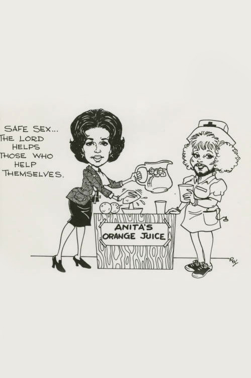A caricature of Nurse Safe Sexx with Anita Bryant. The caption reads "Safe sex...the lord helps those who help themselves."