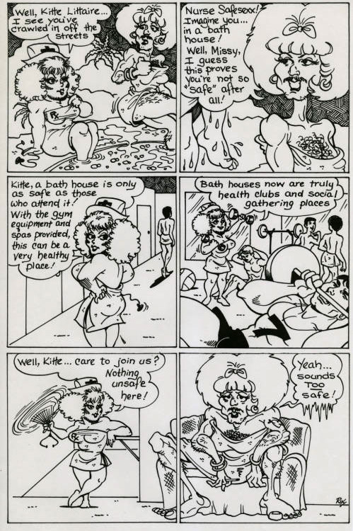 A cartoon showing Nurse Safe Sexx and another drag character discussing safe sex in a bath house.