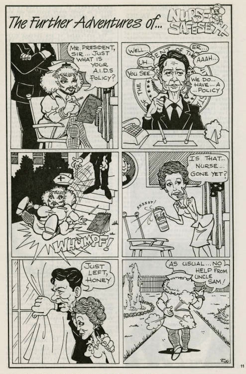 A political cartoon showing Nurse Safe Sexx trying to get President Reagan to share his policy on AIDS. Reagan stumbles and stutters and has Nurse Safe Sexx kicked out.