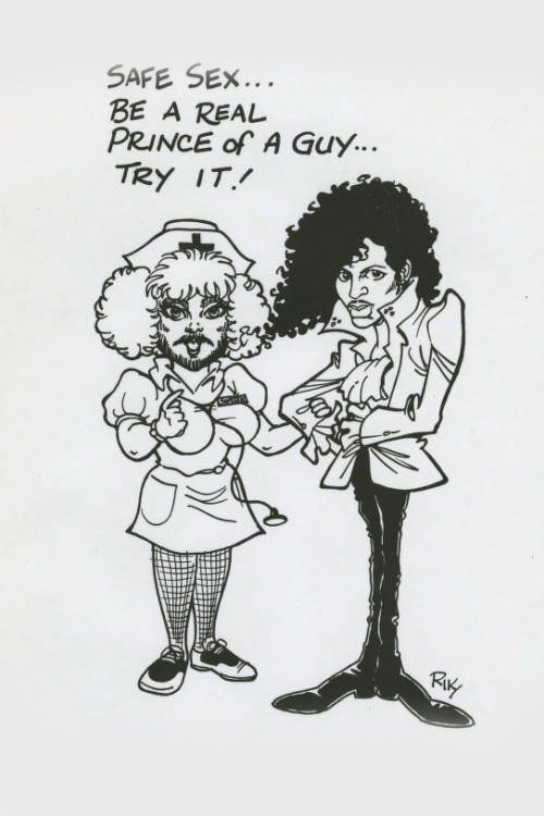 A caricature of Nurse Safe Sexx and Prince. The caption reads "Safe sex...be a real Prince of a guy...try it!"