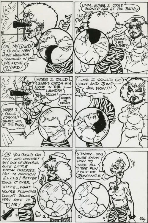 A cartoon showing Nurse Safe Sexx talking to Kittie Littaire. Kittie is using binoculars to spy on an attractive neighbor and talking about how she wants to have sex with him. Nurse Safe Sexx reminds Kittie that she could be opening herself up to disease, so she should play it safe instead.