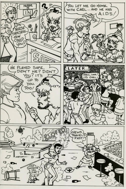 A cartoon showing Nurse Safe Sexx talk to a person who is mad because he didn't know his partner had AIDS. Nurse Safe Sexx tells him it's not just up to the other person. He should be asking and ensuring their safety too.