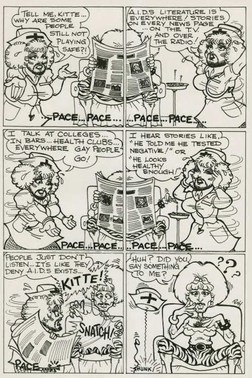 A cartoon showing Nurse Safe Sexx trying to explain to Kittie Littaire, a person dressed in drag, that people aren't protecting themselves against AIDS despite it being a well-known problem.