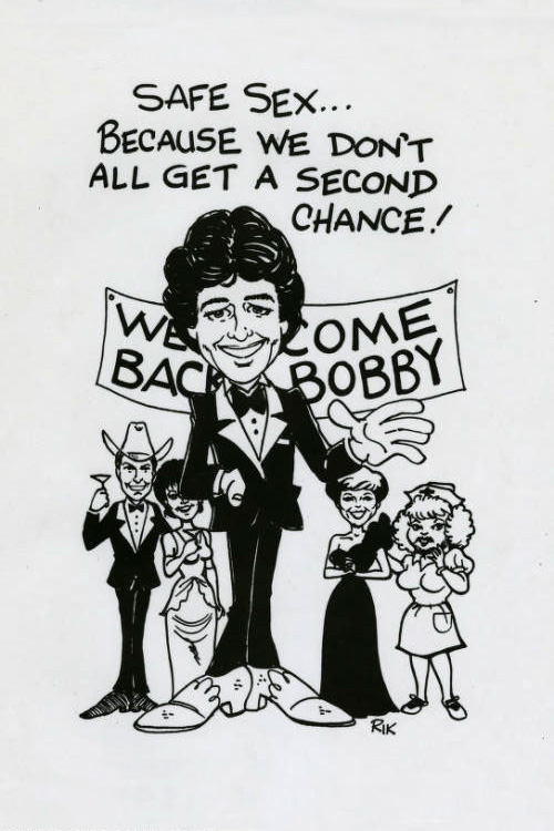 A caricature showing Nurse Safe Sexx with Bobby Ewing and other members of the Ewing family from Dallas. The caption reads "Safe sex...because we don't all get a second chance!"