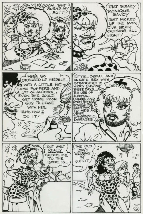 A cartoon showing Nurse Safe Sexx and Kittie Littaire in a bar. Kittie is upset that another person is trying to pick up the man Kittie is interested in. Nurse Safe Sexx reminds Kittie that casual sex with strangers is unwise, particularly if drugs and alcohol are involved.