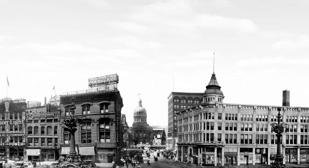 View of several multistory buildings in a city.