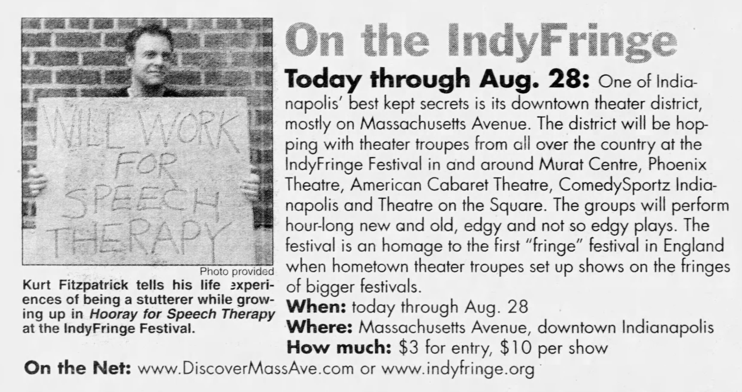 New clipping features and image of a man holding a sign that reads "Will work for speech therapy" and provides information about how to attend performances.