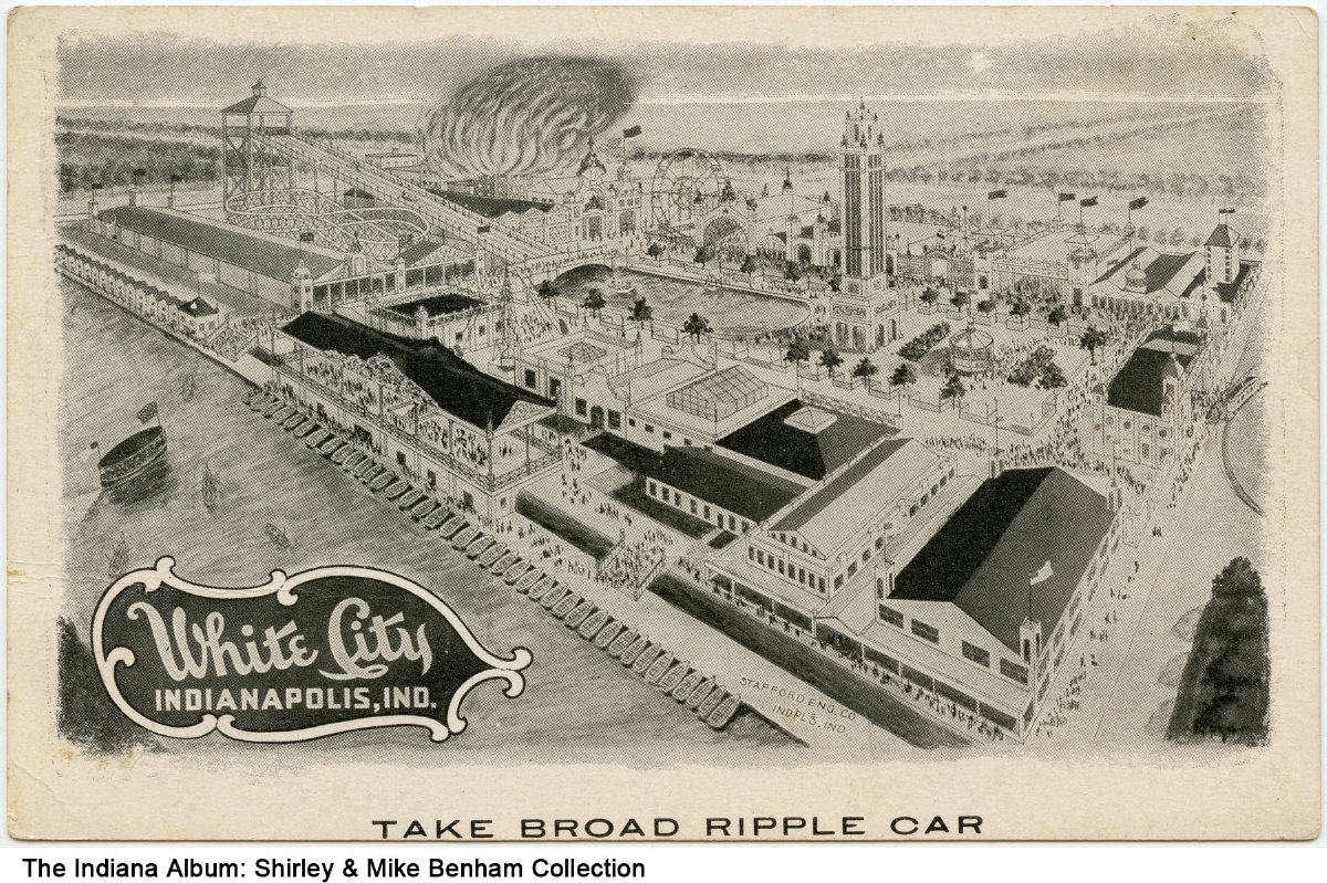 This drawing of White City shows the Ferris wheel and other amusement park rides, the boat dock, and swimming area.