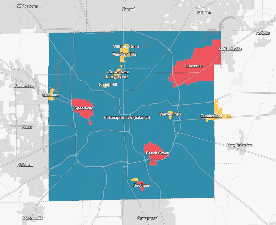 Map showing Marion County and the excluded cities. 