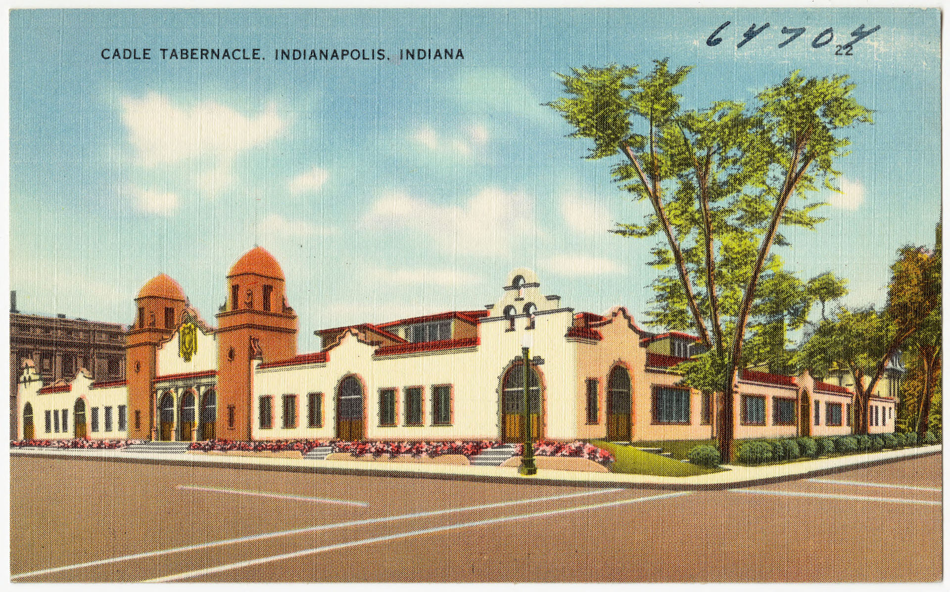 Postcard of a one-story, stucco Spanish mission building.