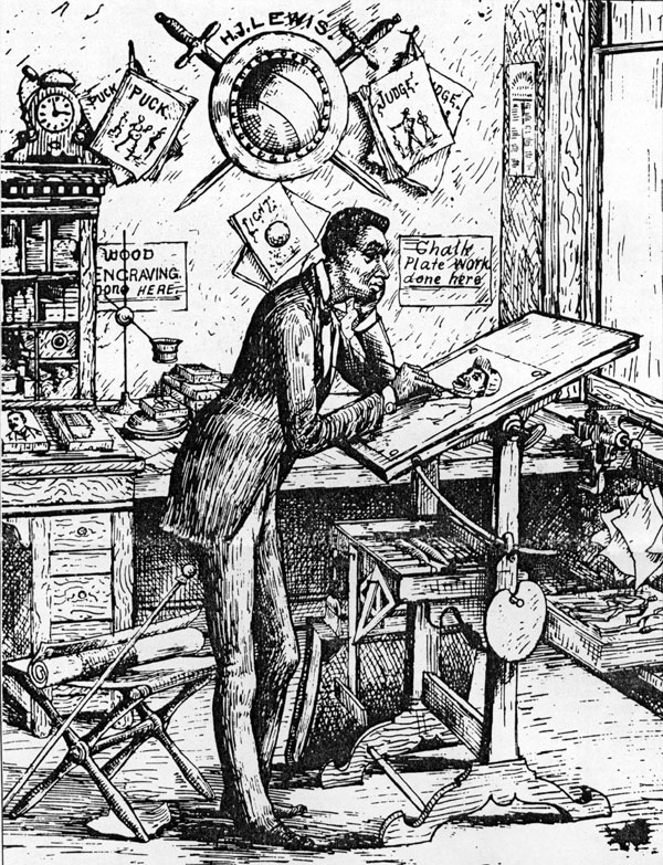 H. J. Lewis, self-portrait in the offices of The Freeman in Indianapolis, ca. 1890 A black and white illustration of a man leaning on a drawing desk.