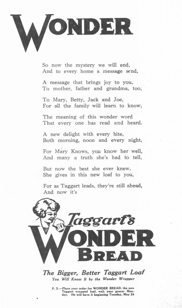 An ad for Wonder Bread. It features an illustration of a young girl eating a slice of bread.