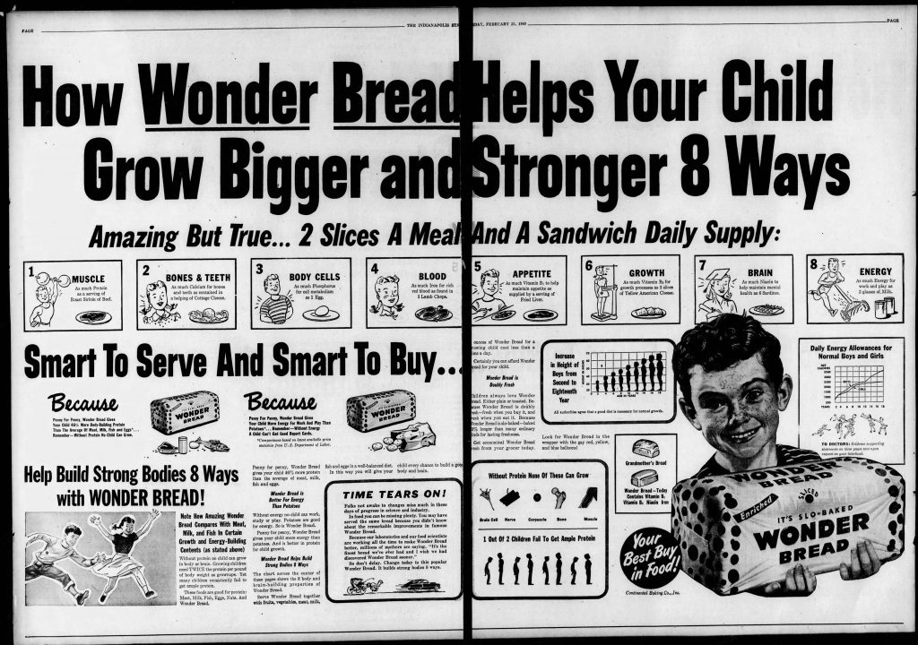 An advertisement with an illustration of a boy holding a loaf of bread. The main headline reads "How Wonder Bread helps your child grow bigger and stronger 8 ways."