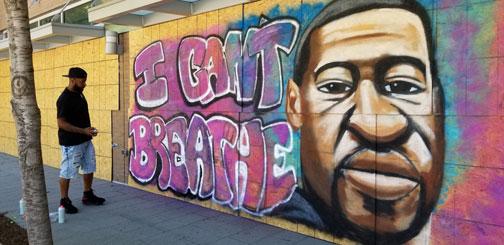 The <I>I Can't Breathe</I> mural installation in place at 881 Meridian Street, 2020 (Courtesy of Indy Arts Council)