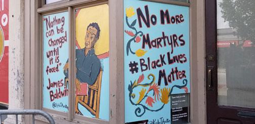<I>James Baldwin Speaks/Audre Lorde Speaks</I> mural installation (left side) in place at 717 Massachusetts Avenue, 2020 (Courtesy of Indy Arts Council)