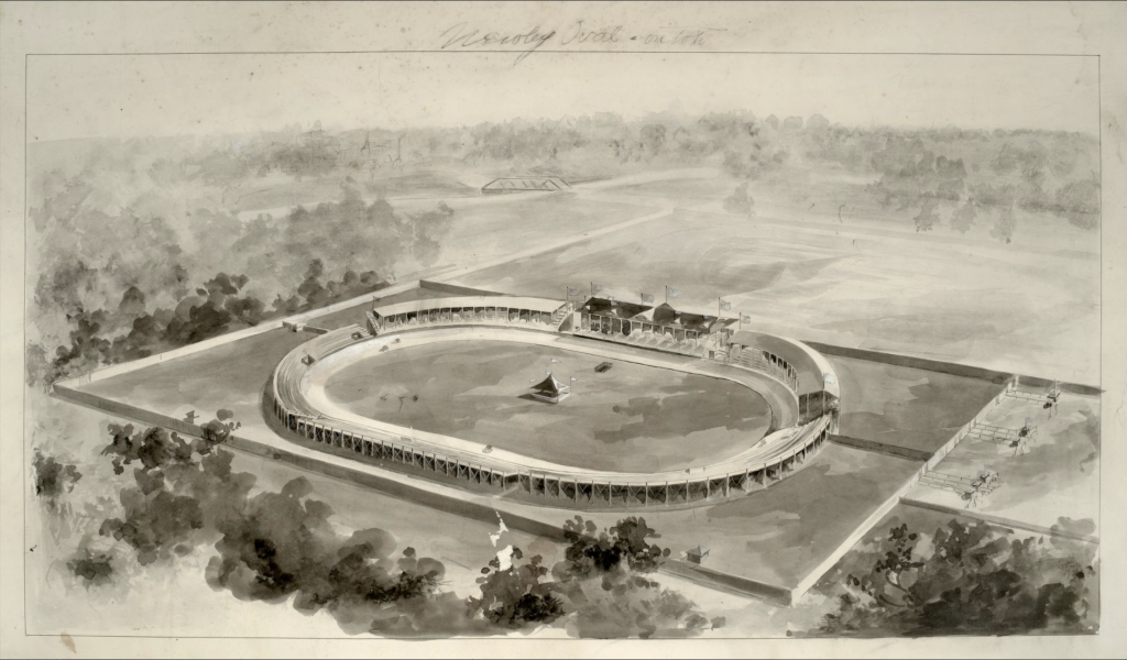 A watercolor depicting an oval racing track.