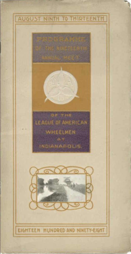 The program reads "Programme of the nineteenth annual meet of the League of American Wheelmen at Indianapolis." It includes a small photo of people bicycling. 