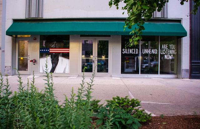 The <I>Silenced</I> mural installation in place at 10 E. Washington Street, 2020 (Courtesy of Indy Arts Council)