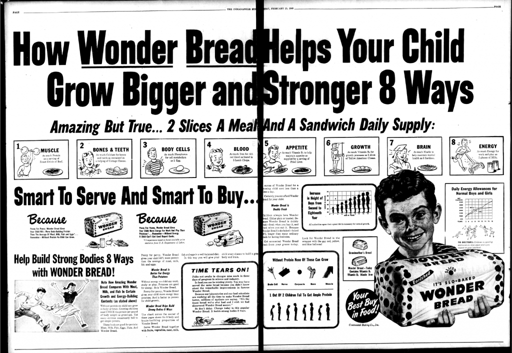 An advertisement with an illustration of a boy holding a loaf of bread. The main headline reads "How Wonder Bread helps your child grow bigger and stronger 8 ways."