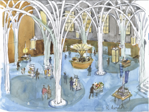 This sketch of the atrium of the Indianapolis Central Public Library was completed by Roberta Avidor, a local Indianapolis artist.