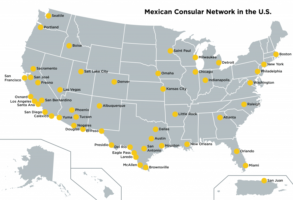 Map showing the United States with the locations of Mexican consulates marked with yellow circles. 