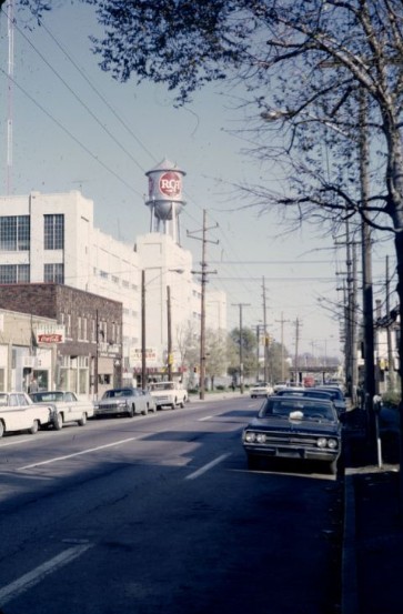 RCA manufacturing plant exterior with RCA water tower on top of the building