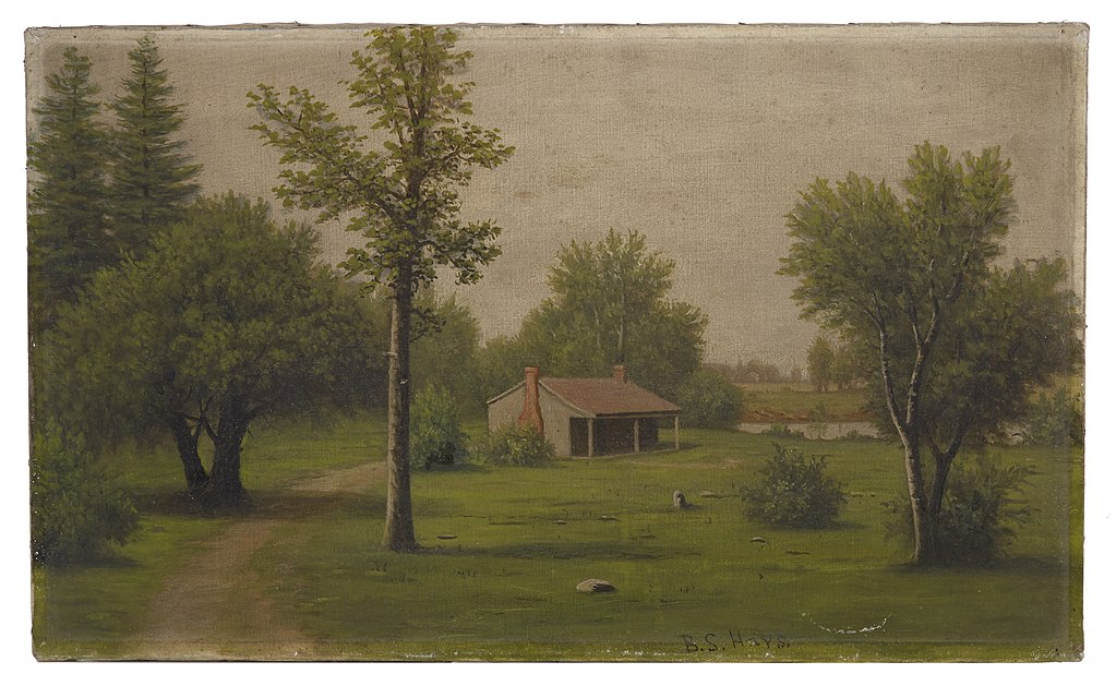 The oil painting shows a pastoral scene with a road leading up to a small cottage. 