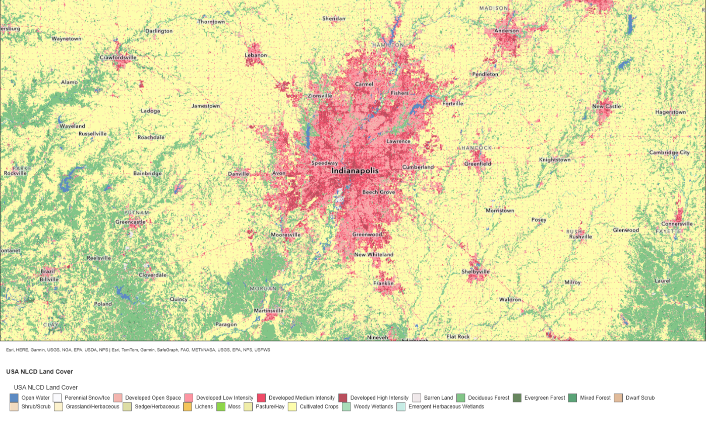 Map showing land use of Central Indiana. Marion County has the most developed area. Crops cover the north, east, and west sides of the state. To the south is more forested areas. 