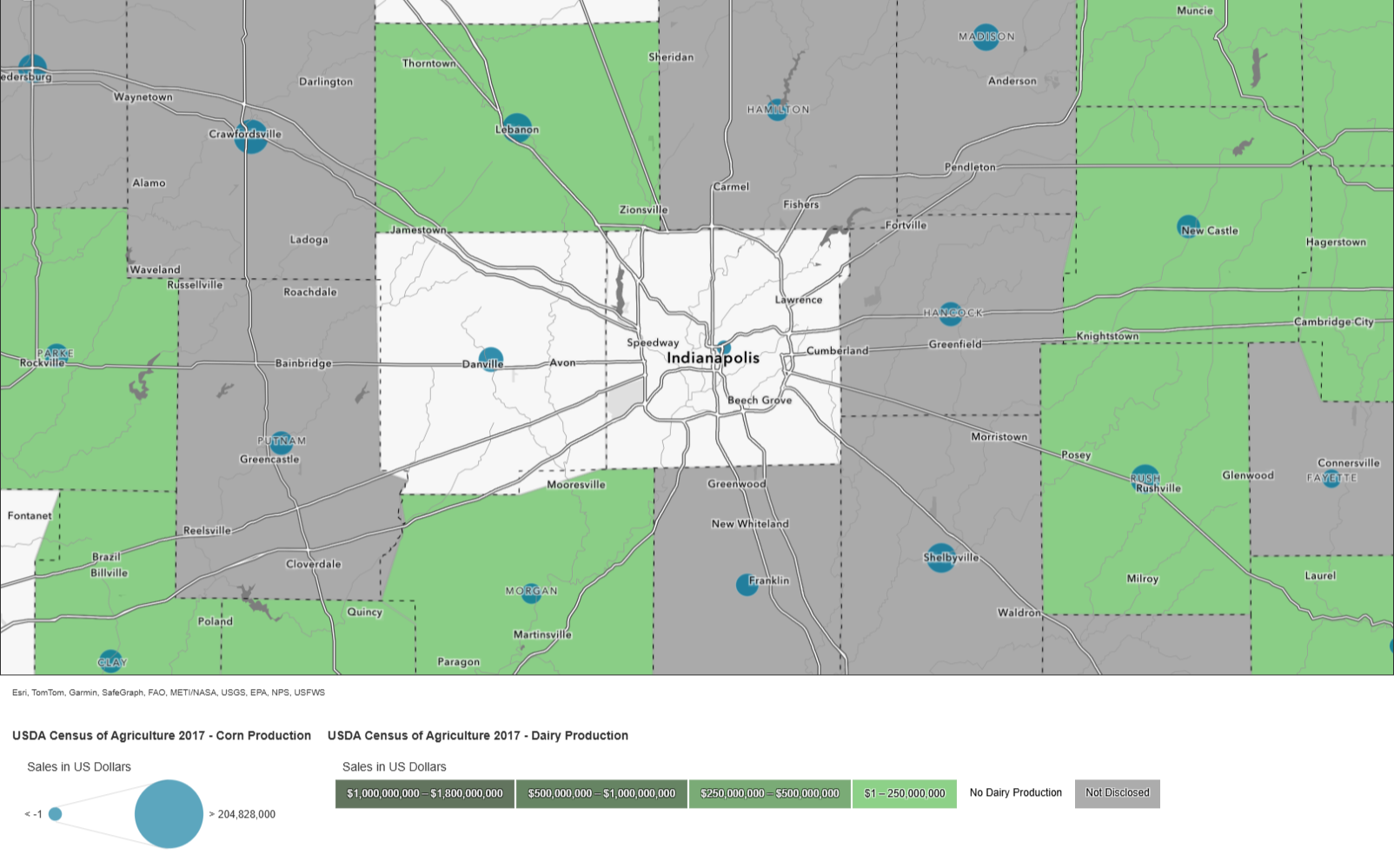 Map of Central Indiana showing the difference in sales of corn and dairy among counties. 