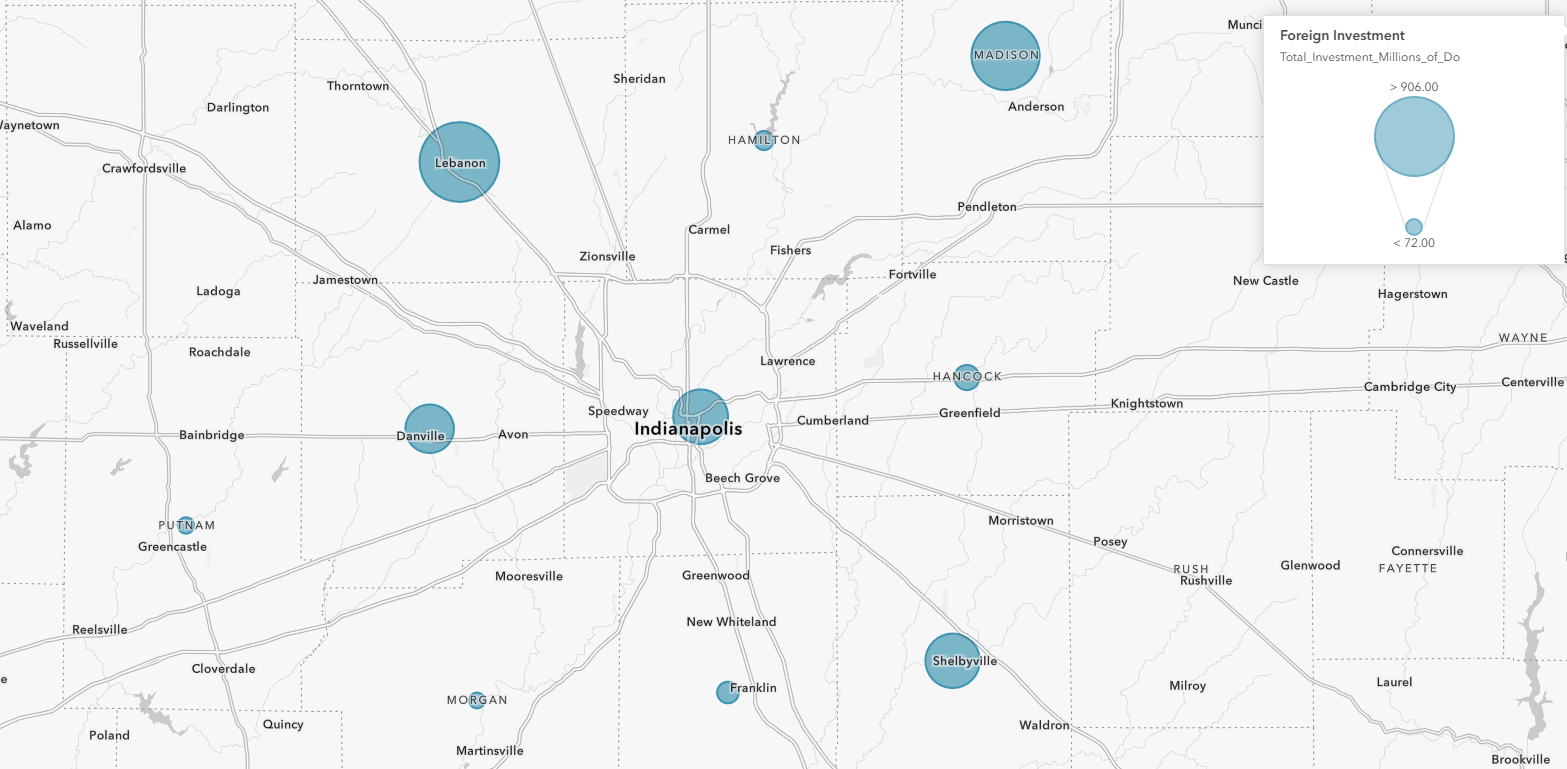 Map of Central Indiana showing the difference in foreign investments of each county. Madison and Boone Counties had the most in total foreign direct investment (2013-2020).