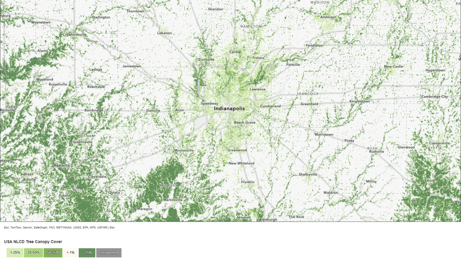 Map showing the forest coverage of Central Indiana. The farther south, the more tree coverage. 