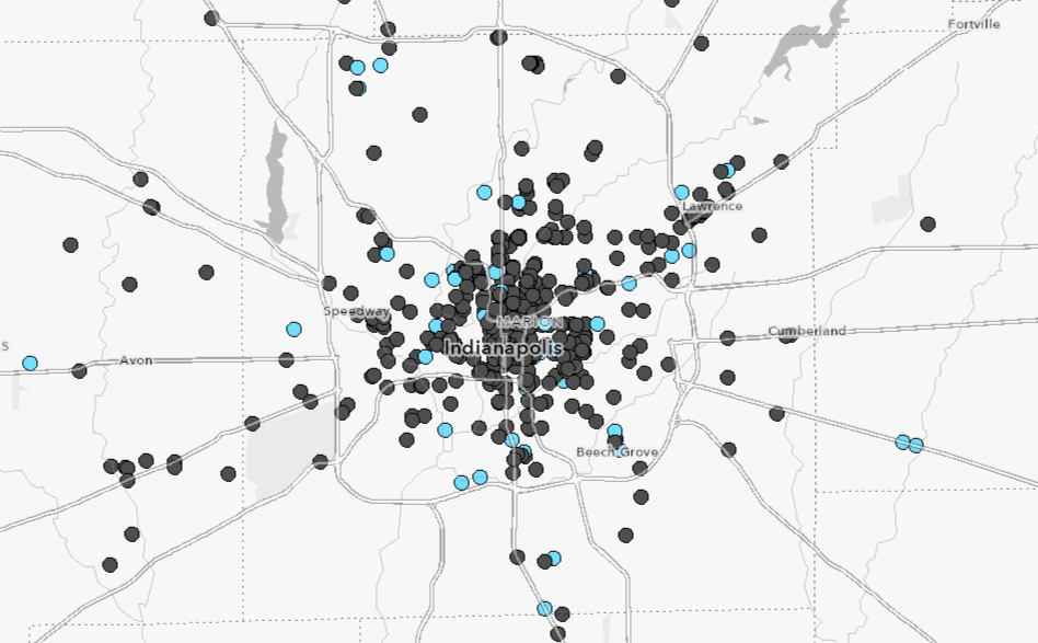 Map of Central Indiana showing the locations of active and inactive brownfields. The majority of locations are active.