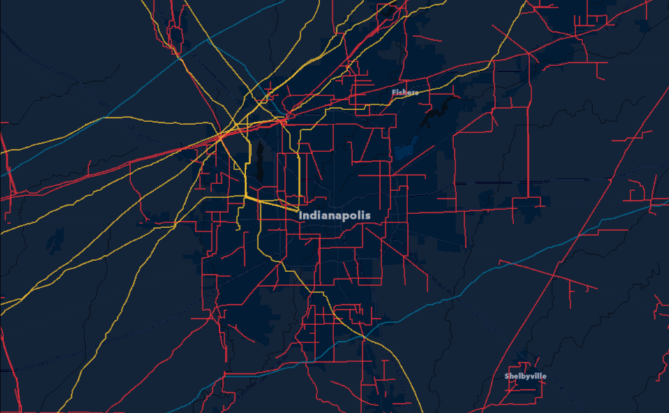 Map of Central Indiana showing the location of pipelines for natural gas, crude oil, and refined products. The majority of pipelines are for natural gas.