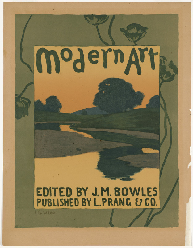 Front page of an issue of Modern Art magazine featuring an illustration of a river among hills and trees.