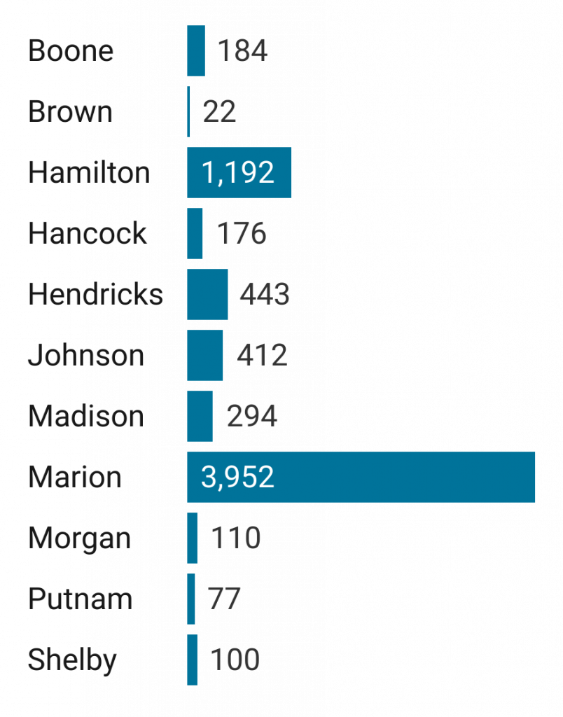 The bar graph compares the number of medium-sized businesses across several Indiana Counties. Marion County has the most businesses with 20-99 employees.
