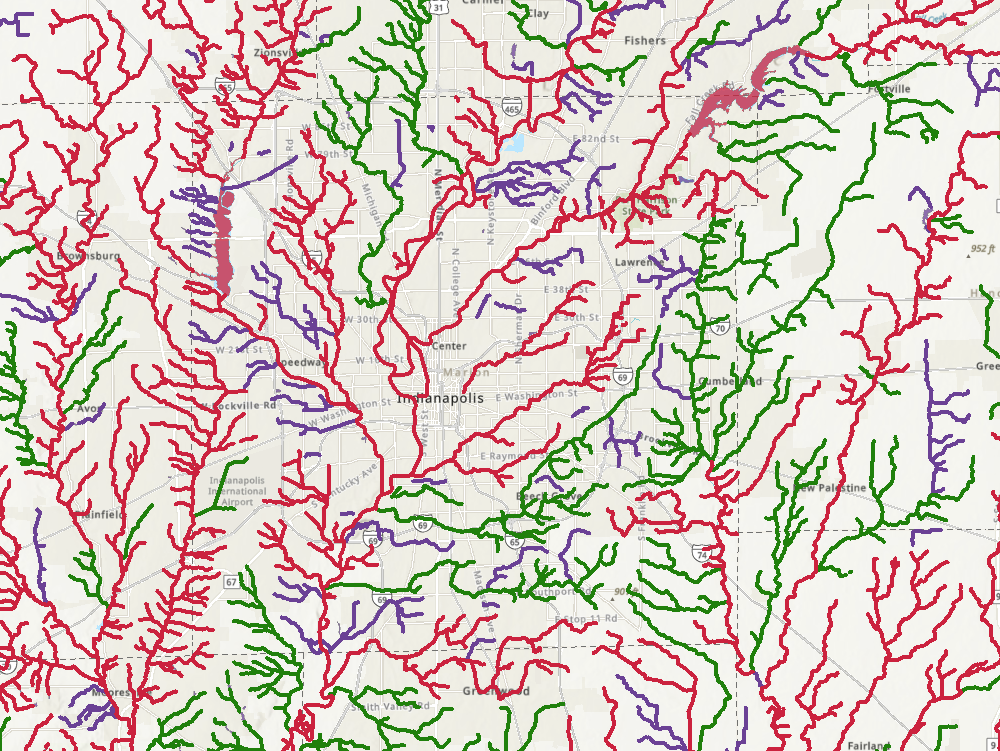 Map showing central Indiana. The map has all the waterways highlighted in either red, green, or purple to indicate which waterways are unassessed, good, or polluted. Many of the waterways are polluted with just a few that are marked as good. 