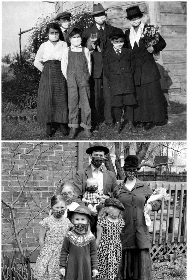 A collage with two images. The top image shows a family from 1918, all wearing face masks. The bottom image shows a family from 2020, all wearing masks.  