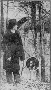 A man points to the spot where George Tompkins (shown in inset photo) was lynched in Riverside Park, 1922
