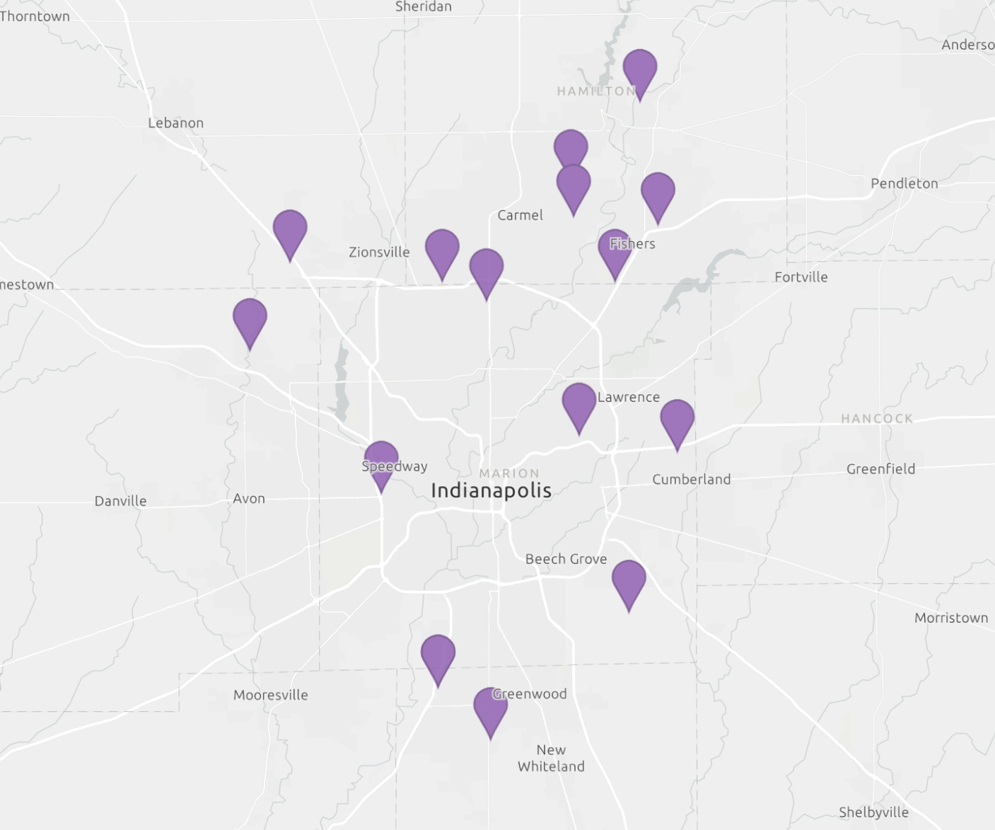 Map of Central Indiana showing the locations of megachurches.