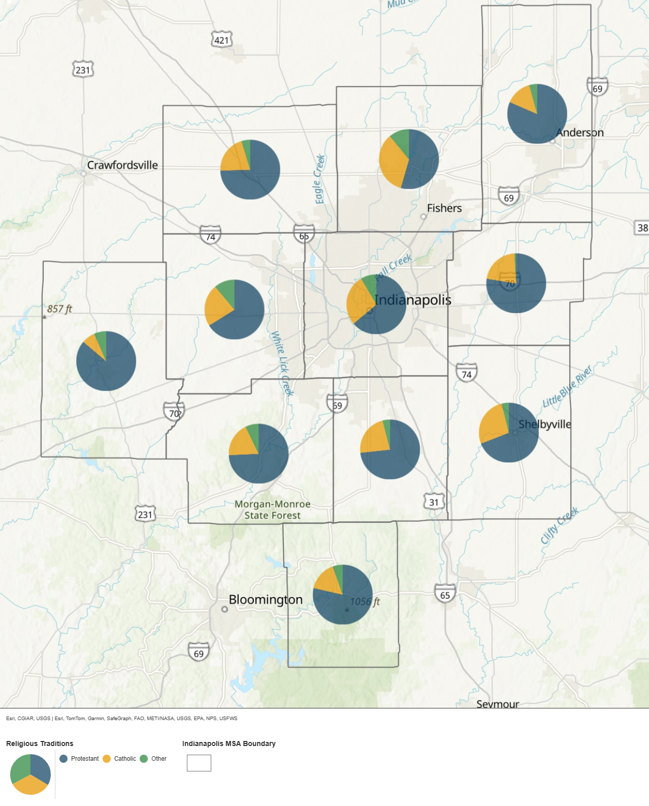 Map of Central Indiana showing the breakdown of Catholic, Protestant, and Other religions that exist in each county of the Indianapolis MSA.